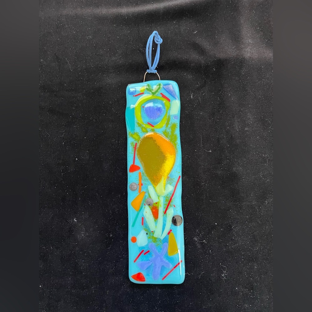 “Magical Garden “Fused Art Glass  Hanging Plaque 10”x3” Aqua Blue - Picture 8 of 9